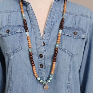 Bohemian Beaded Necklace with 2 Peace Sign Charms
